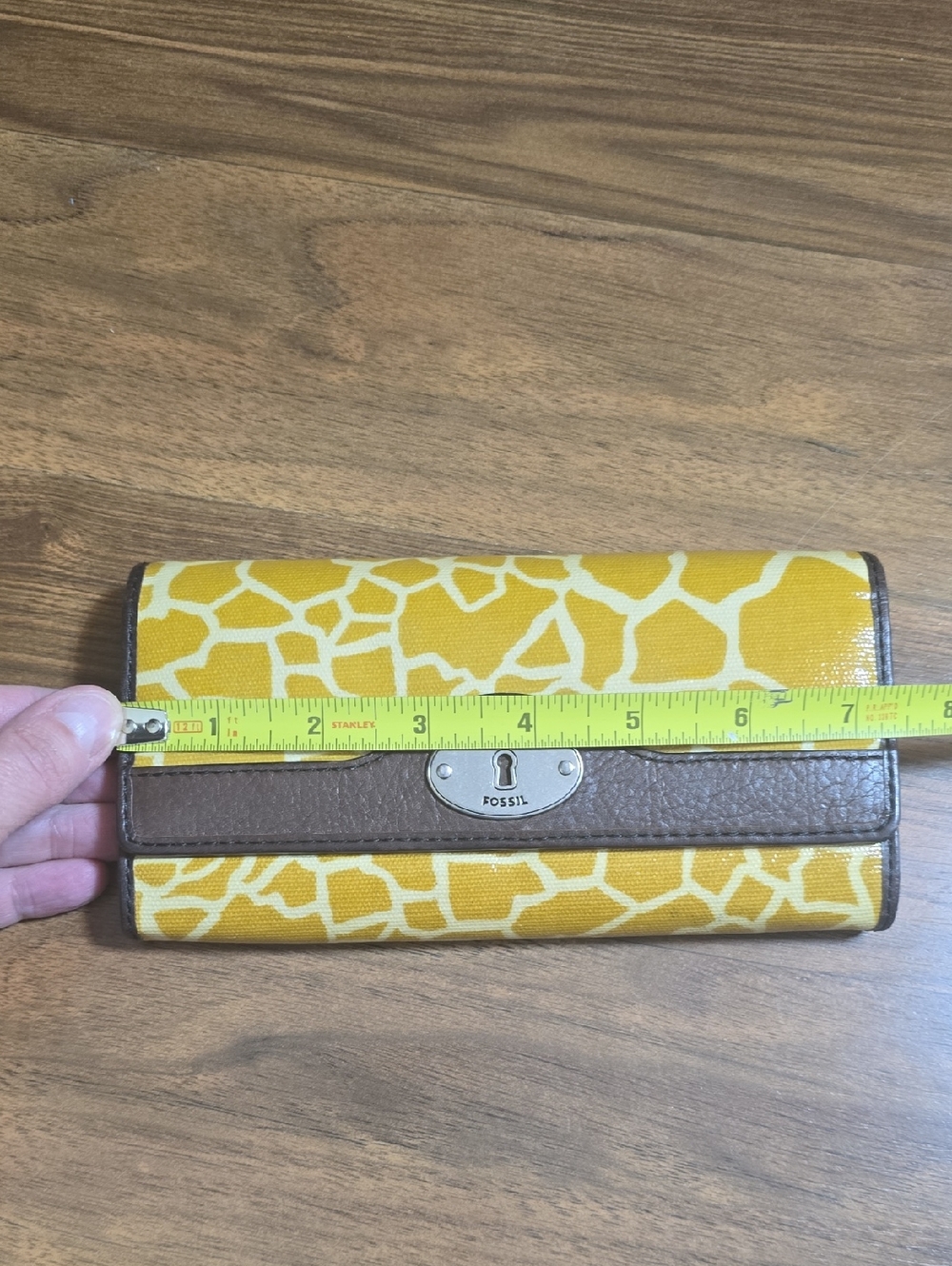 FOSSIL Wallet Tri-fold KEY-PER Coated Canvas Giraffe Print Brown Leather Trim - Picture 10 of 11